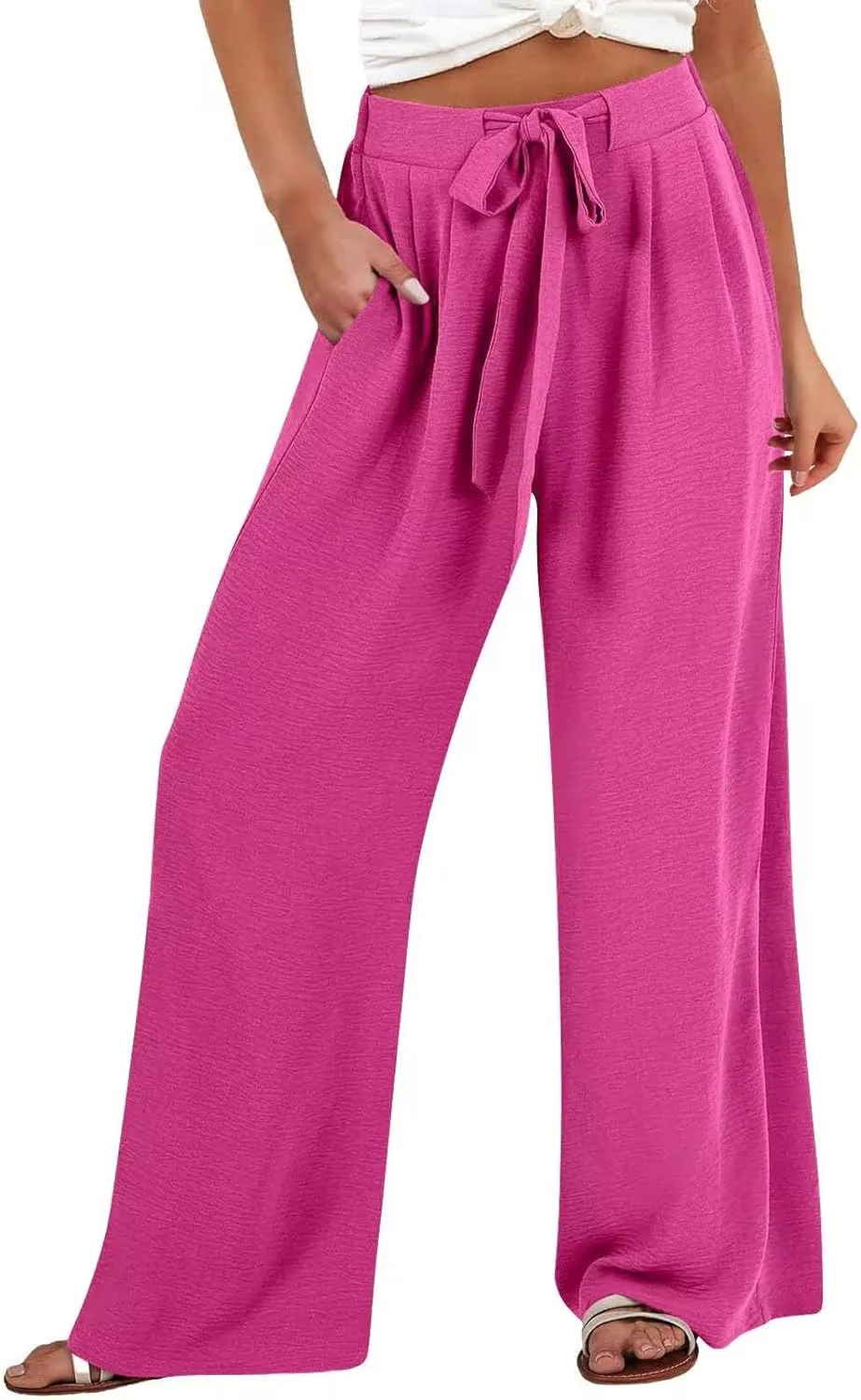Palazzo Pants for Women Casual Cotton Linen Pants High Waisted Wide Leg Trousers Summer Lounge Pant with Belt Bow