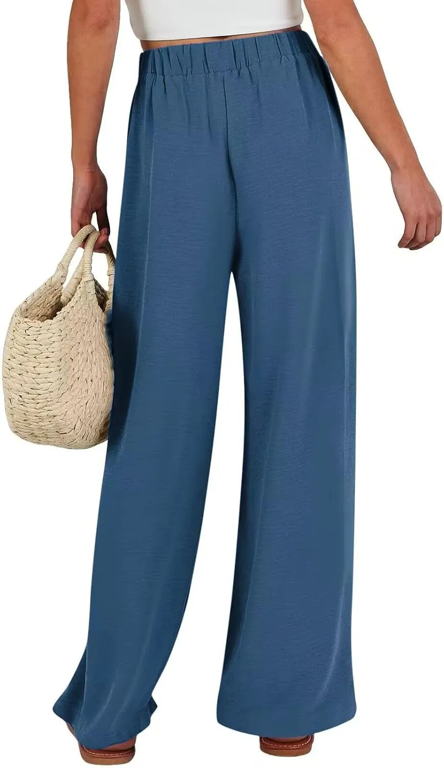 Palazzo Pants for Women Casual Cotton Linen Pants High Waisted Wide Leg Trousers Summer Lounge Pant with Belt Bow