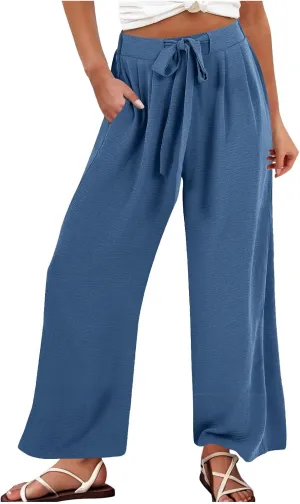 Palazzo Pants for Women Casual Cotton Linen Pants High Waisted Wide Leg Trousers Summer Lounge Pant with Belt Bow