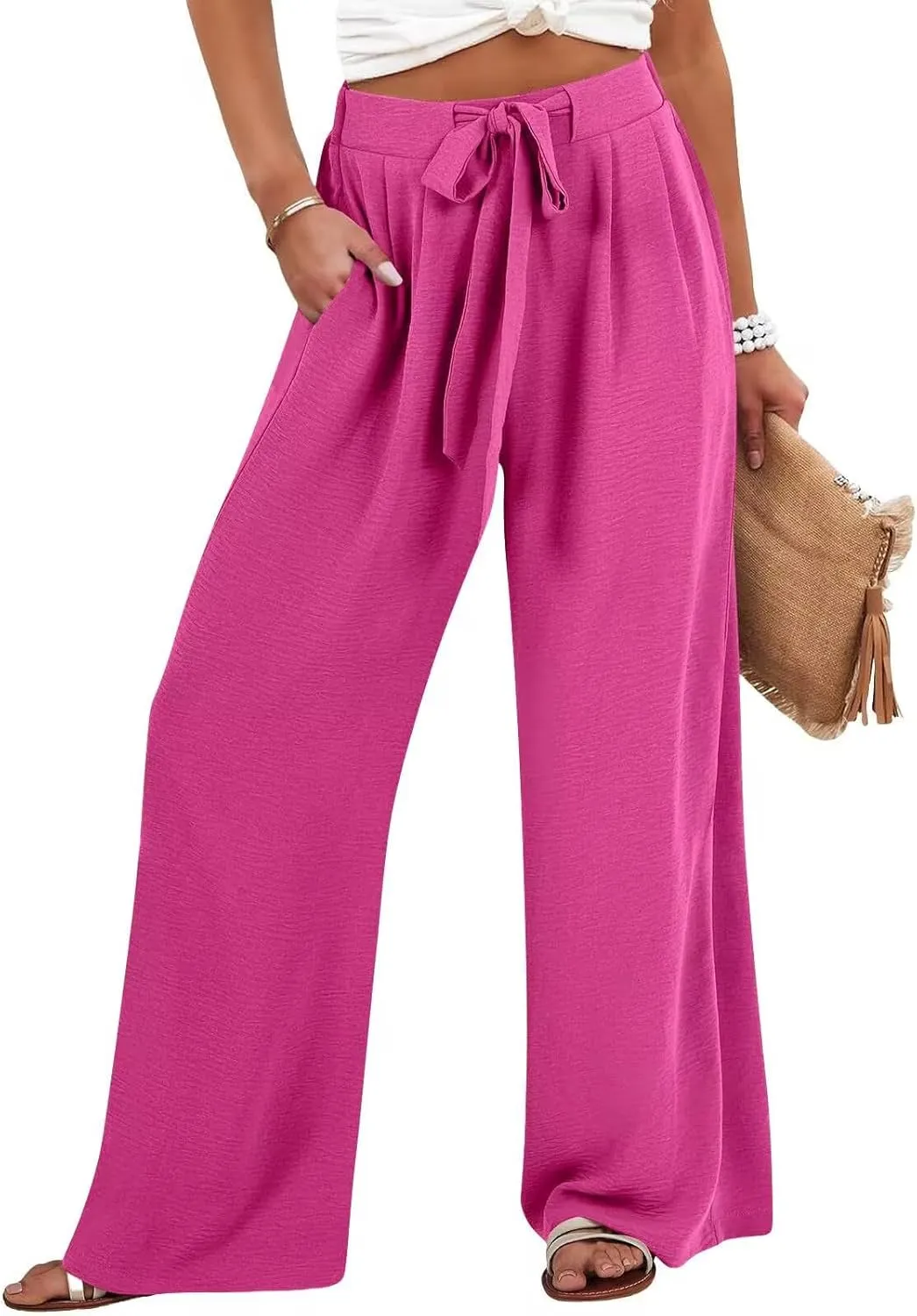 Palazzo Pants for Women Casual Cotton Linen Pants High Waisted Wide Leg Trousers Summer Lounge Pant with Belt Bow