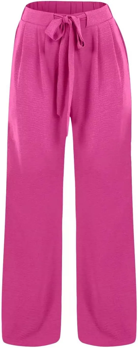 Palazzo Pants for Women Casual Cotton Linen Pants High Waisted Wide Leg Trousers Summer Lounge Pant with Belt Bow