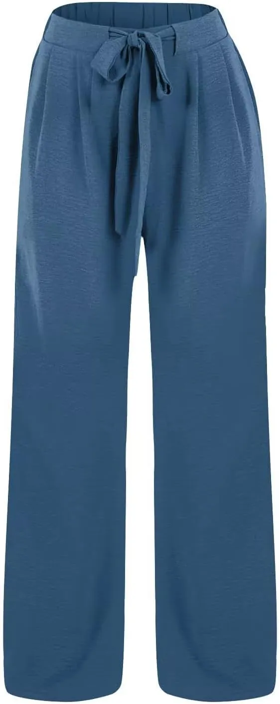 Palazzo Pants for Women Casual Cotton Linen Pants High Waisted Wide Leg Trousers Summer Lounge Pant with Belt Bow