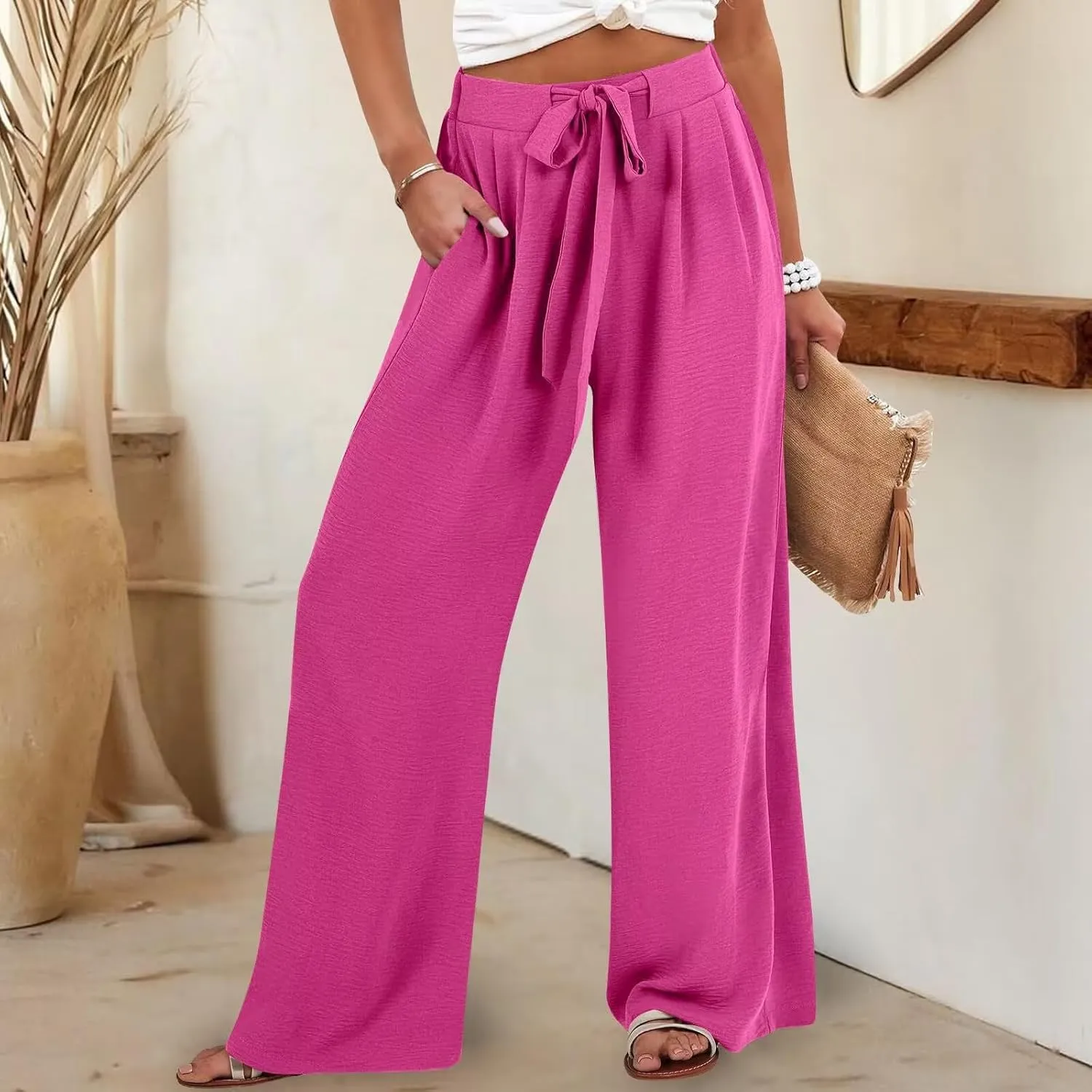 Palazzo Pants for Women Casual Cotton Linen Pants High Waisted Wide Leg Trousers Summer Lounge Pant with Belt Bow