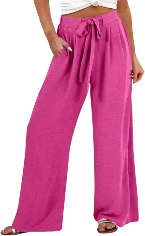 Palazzo Pants for Women Casual Cotton Linen Pants High Waisted Wide Leg Trousers Summer Lounge Pant with Belt Bow