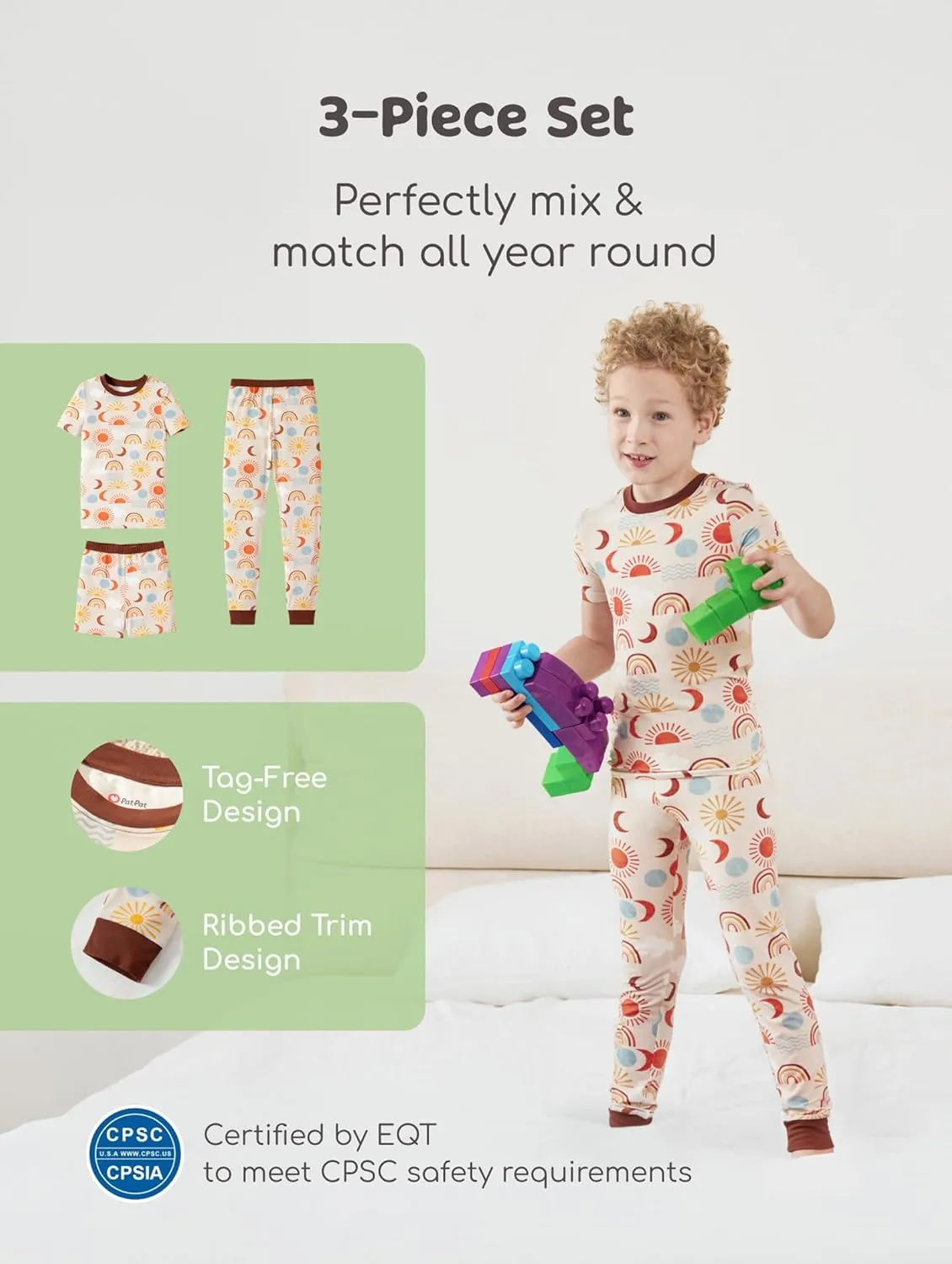 PATPAT Kids 3-Piece Pajama Sets with Bamboo Viscose,Snug Fit Pjs for Boys and Girls,All-Season Comfort Sleepwear, Ages 2T-12Y