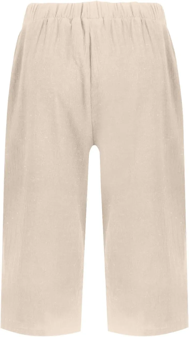 Pedal Pushers for Women Elastic Wasit Linen Shorts Summer Boho Lightweight Baggy Cropped Capris Pants with Pockets