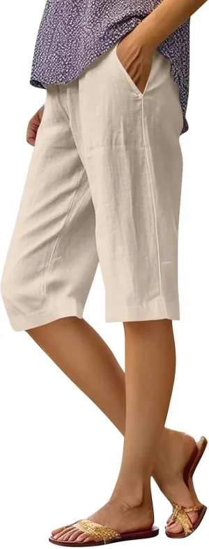 Pedal Pushers for Women Elastic Wasit Linen Shorts Summer Boho Lightweight Baggy Cropped Capris Pants with Pockets