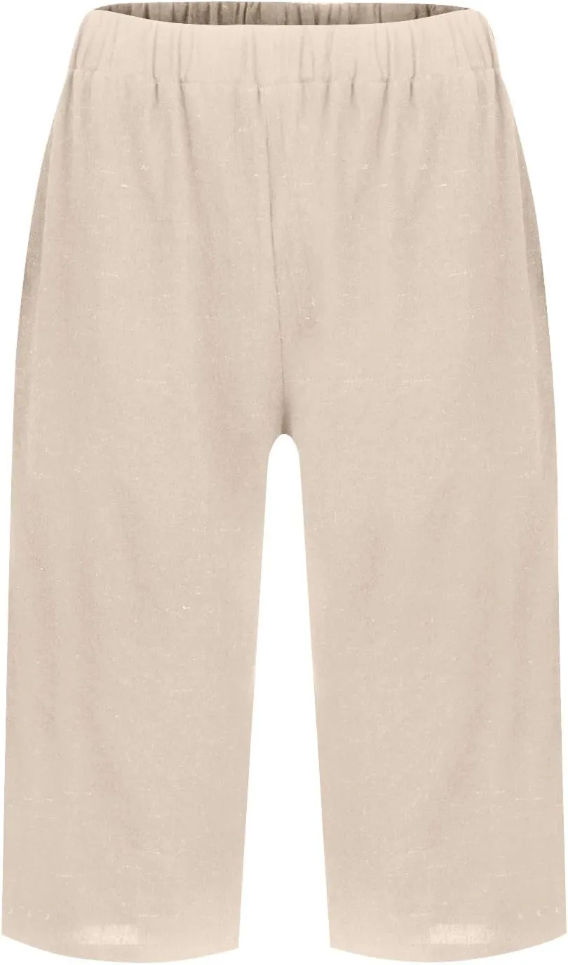 Pedal Pushers for Women Elastic Wasit Linen Shorts Summer Boho Lightweight Baggy Cropped Capris Pants with Pockets