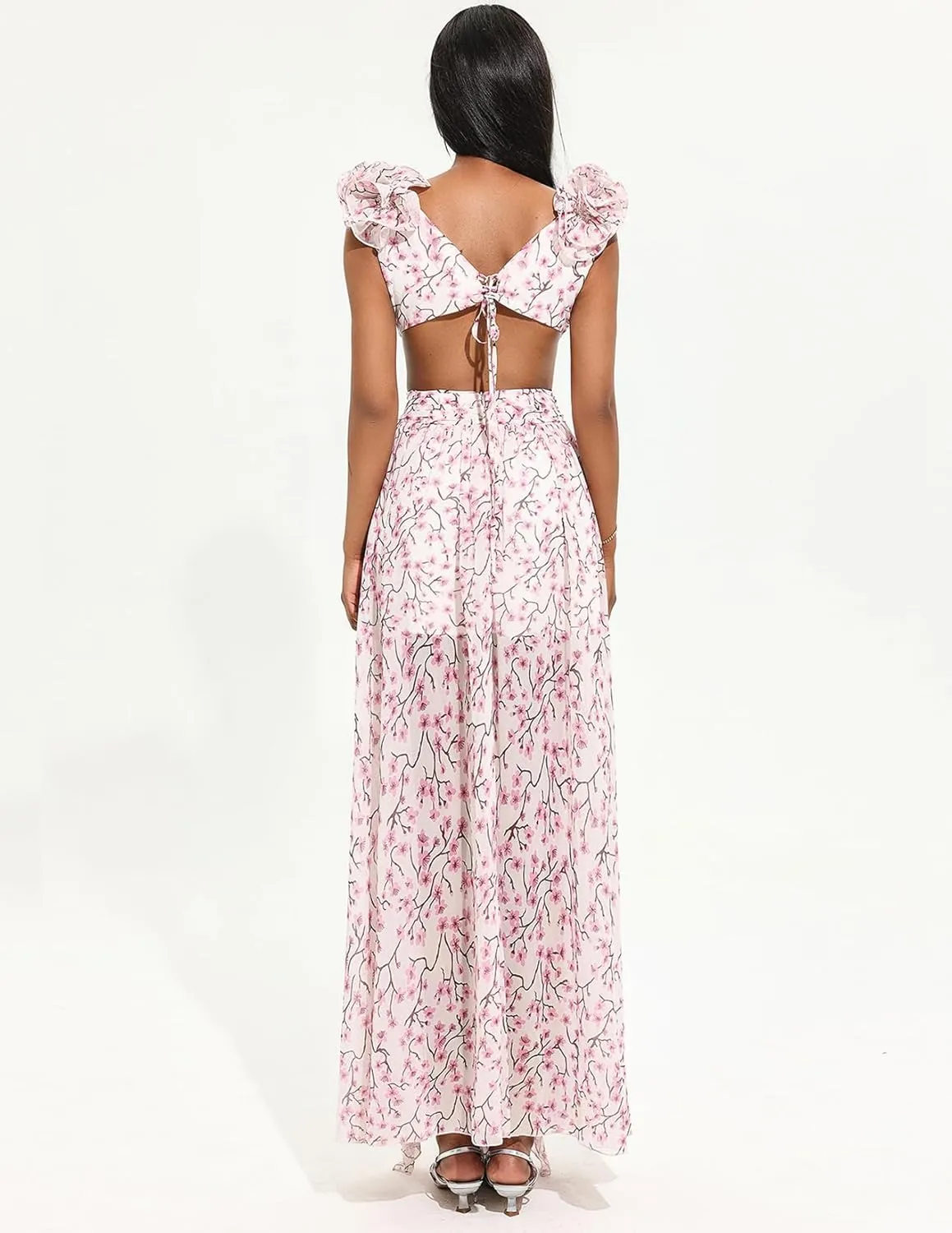 Pink Floral Dress Midi Cut Out Dress Slit Ruffle Dress Deep V Wrap Dress Tapered Waist Backless Dress