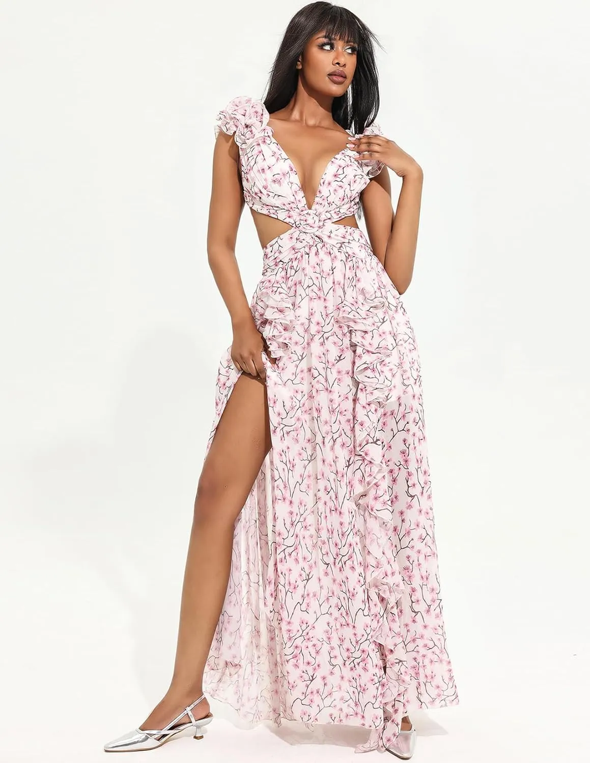 Pink Floral Dress Midi Cut Out Dress Slit Ruffle Dress Deep V Wrap Dress Tapered Waist Backless Dress