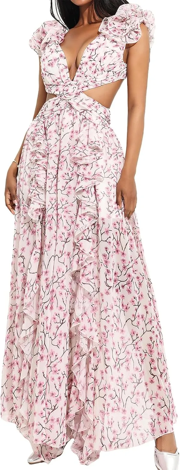 Pink Floral Dress Midi Cut Out Dress Slit Ruffle Dress Deep V Wrap Dress Tapered Waist Backless Dress