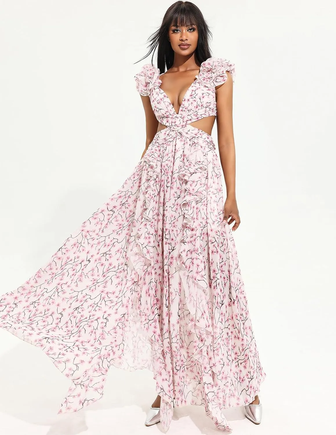Pink Floral Dress Midi Cut Out Dress Slit Ruffle Dress Deep V Wrap Dress Tapered Waist Backless Dress