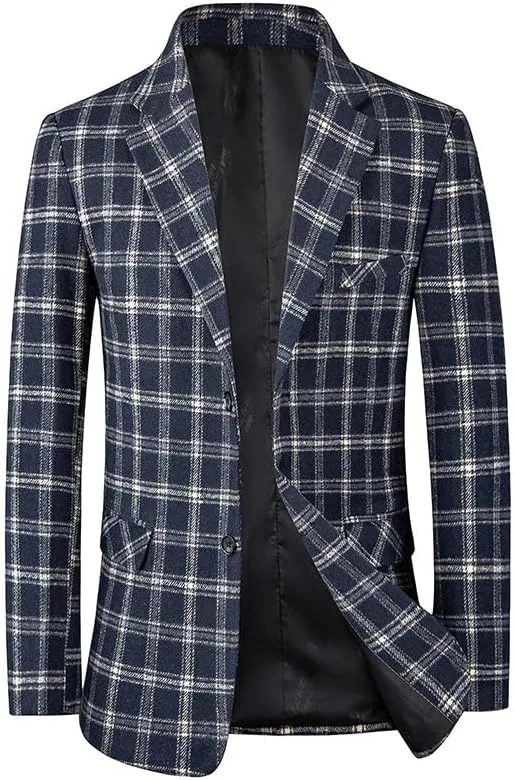 Plaid Blazer Jacket Men Business Casual Jackets Two Button Shirt Long Sleeve Lapel Coat Office Outfits Formal Jacket