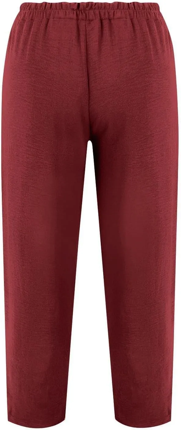 Plus Size Wide Leg Linen Pants for Women Baggy Elastic High Waisted Barrel Pants Casual Lounge Pants with Pockets