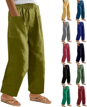 Plus Size Wide Leg Linen Pants for Women Baggy Elastic High Waisted Barrel Pants Casual Lounge Pants with Pockets