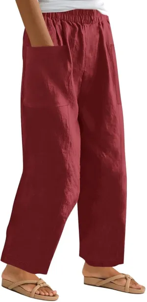Plus Size Wide Leg Linen Pants for Women Baggy Elastic High Waisted Barrel Pants Casual Lounge Pants with Pockets