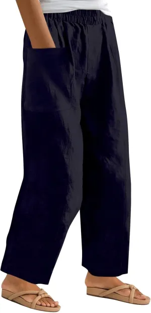 Plus Size Wide Leg Linen Pants for Women Baggy Elastic High Waisted Barrel Pants Casual Lounge Pants with Pockets
