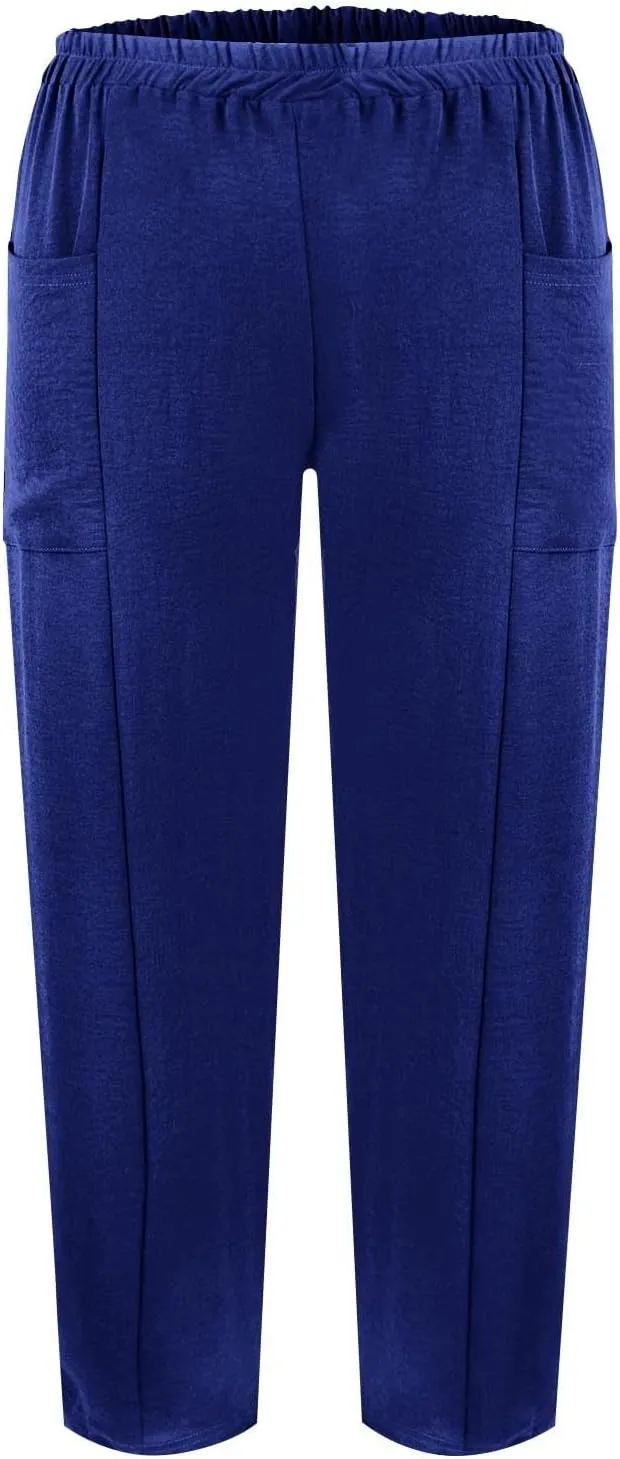 Plus Size Wide Leg Linen Pants for Women Baggy Elastic High Waisted Barrel Pants Casual Lounge Pants with Pockets
