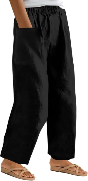 Plus Size Wide Leg Linen Pants for Women Baggy Elastic High Waisted Barrel Pants Casual Lounge Pants with Pockets