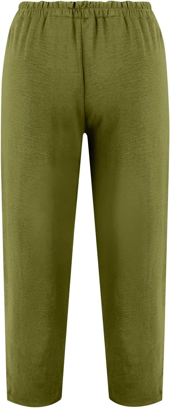 Plus Size Wide Leg Linen Pants for Women Baggy Elastic High Waisted Barrel Pants Casual Lounge Pants with Pockets