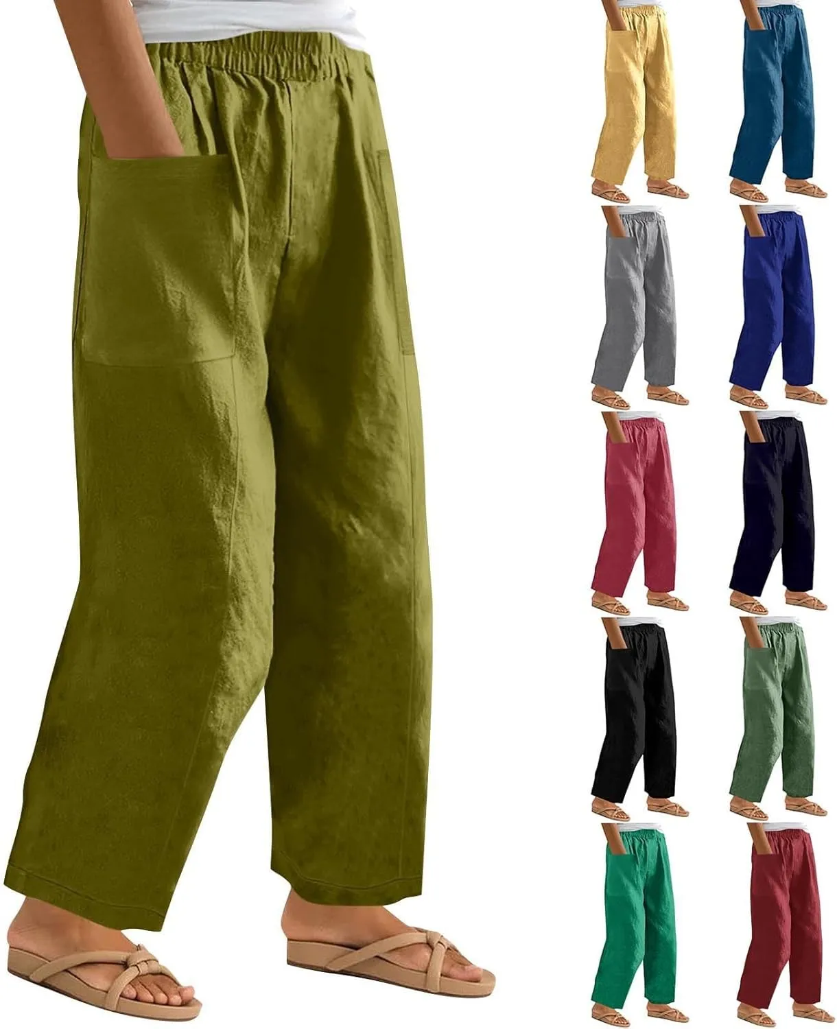 Plus Size Wide Leg Linen Pants for Women Baggy Elastic High Waisted Barrel Pants Casual Lounge Pants with Pockets