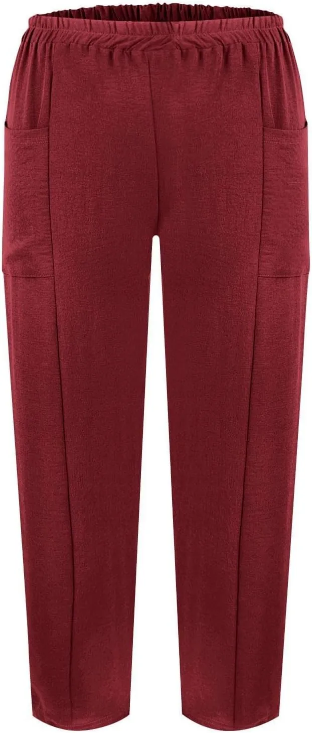 Plus Size Wide Leg Linen Pants for Women Baggy Elastic High Waisted Barrel Pants Casual Lounge Pants with Pockets