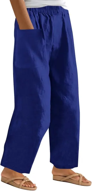 Plus Size Wide Leg Linen Pants for Women Baggy Elastic High Waisted Barrel Pants Casual Lounge Pants with Pockets