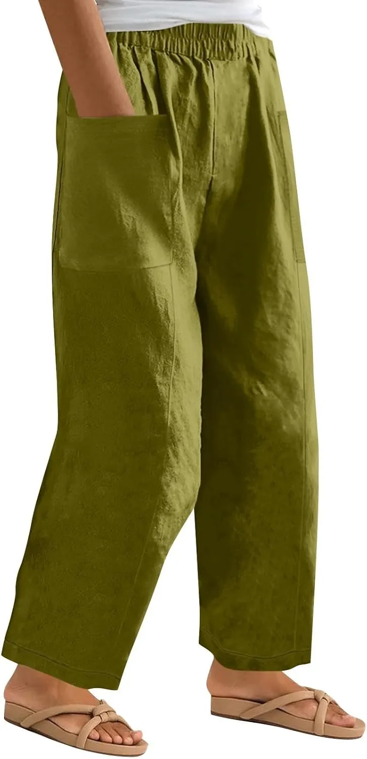 Plus Size Wide Leg Linen Pants for Women Baggy Elastic High Waisted Barrel Pants Casual Lounge Pants with Pockets