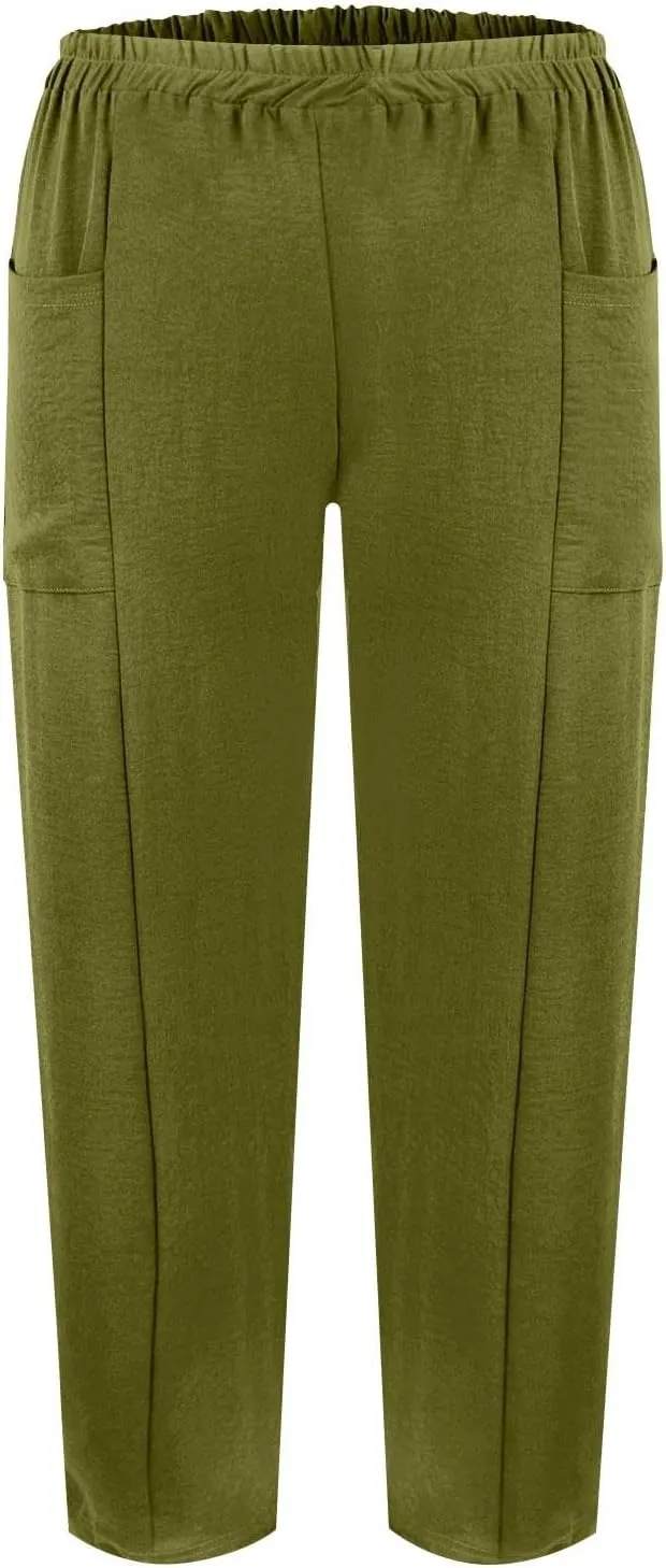 Plus Size Wide Leg Linen Pants for Women Baggy Elastic High Waisted Barrel Pants Casual Lounge Pants with Pockets