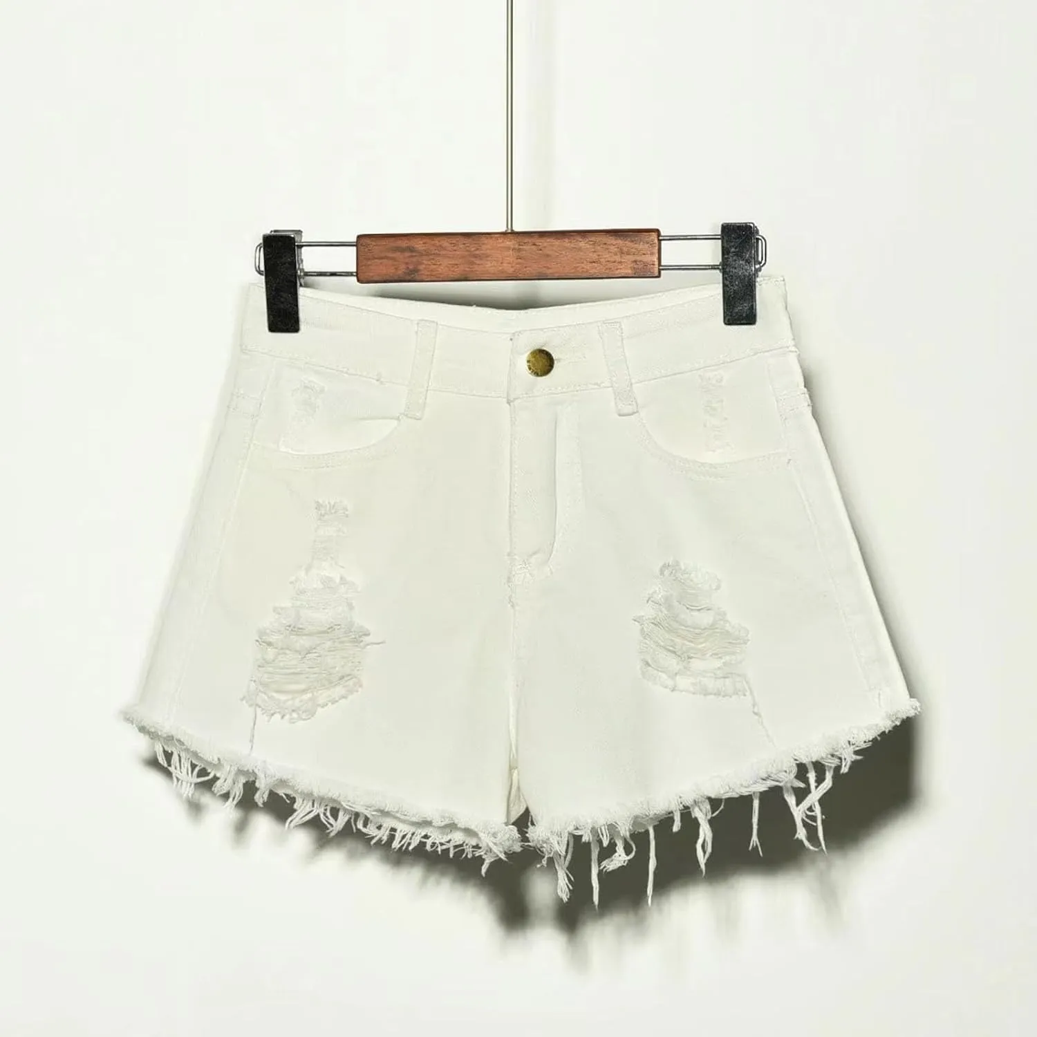 Plus Size Women Denim Shorts Summer Casual Jean Shorts Ladies High Waisted Frayed Hem Ripped Jeans Fringe Jeans Shorts