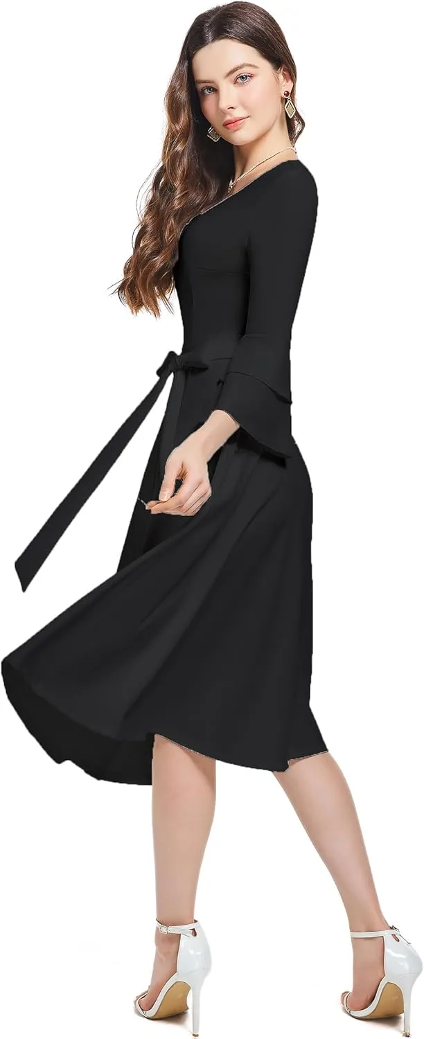 pnpednde Women's Elegant Solid Color Casual Wrap V-Neck Flared Sleeve Cocktail Dress