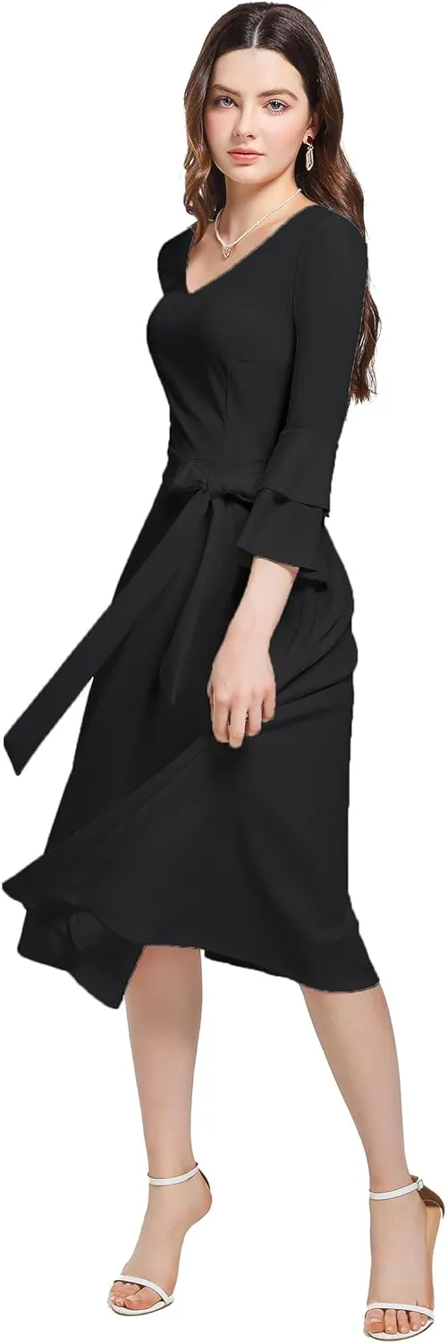 pnpednde Women's Elegant Solid Color Casual Wrap V-Neck Flared Sleeve Cocktail Dress