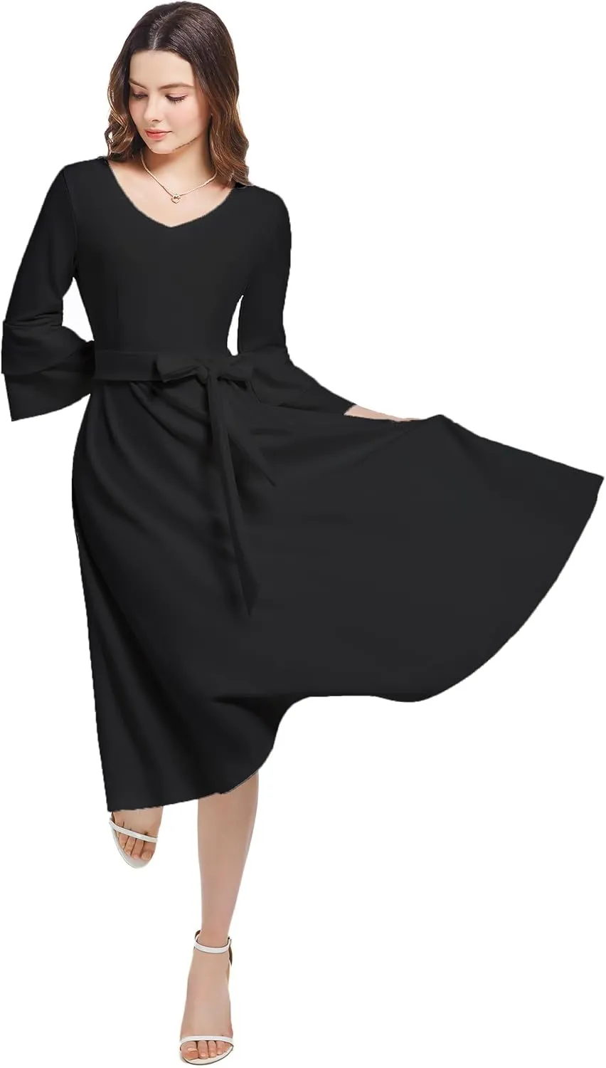 pnpednde Women's Elegant Solid Color Casual Wrap V-Neck Flared Sleeve Cocktail Dress