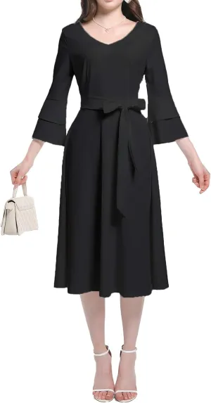 pnpednde Women's Elegant Solid Color Casual Wrap V-Neck Flared Sleeve Cocktail Dress