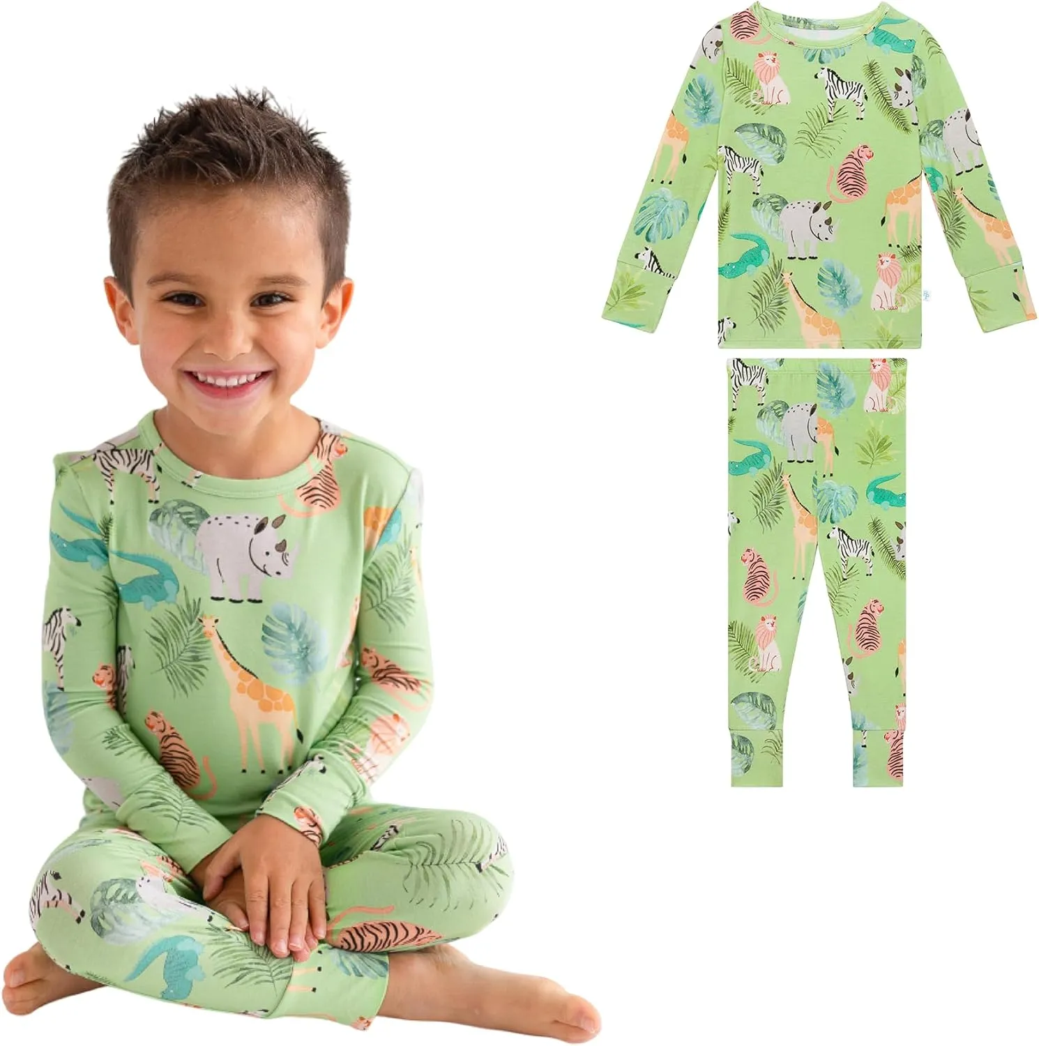 Posh Peanut Boys Pajamas - PJs for Kids Made of Soft Viscose from Bamboo, Long Sleeve Toddler PJs & Matching Boys Pajama Sets (10-12 Years) Safari Animals