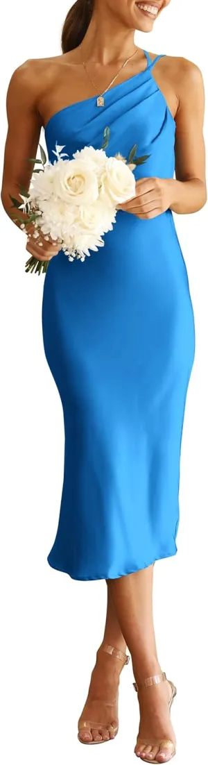 PRETTYGARDEN Women's 2025 Summer Midi Satin Dress One Shoulder Spaghetti Strap Backless Ruched Bodycon Dresses
