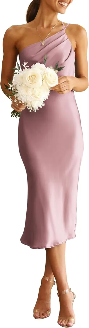 PRETTYGARDEN Women's 2025 Summer Midi Satin Dress One Shoulder Spaghetti Strap Backless Ruched Bodycon Dresses