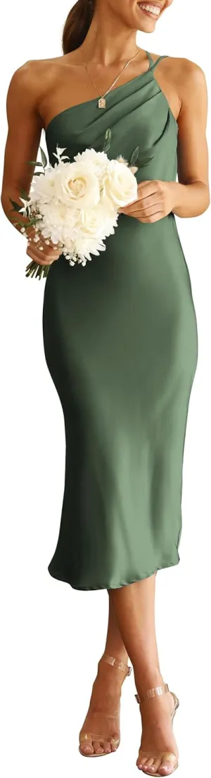 PRETTYGARDEN Women's 2025 Summer Midi Satin Dress One Shoulder Spaghetti Strap Backless Ruched Bodycon Dresses