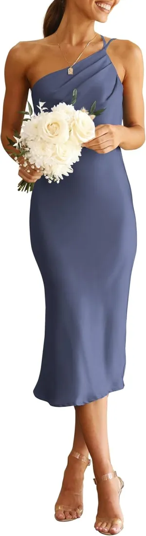PRETTYGARDEN Women's 2025 Summer Midi Satin Dress One Shoulder Spaghetti Strap Backless Ruched Bodycon Dresses
