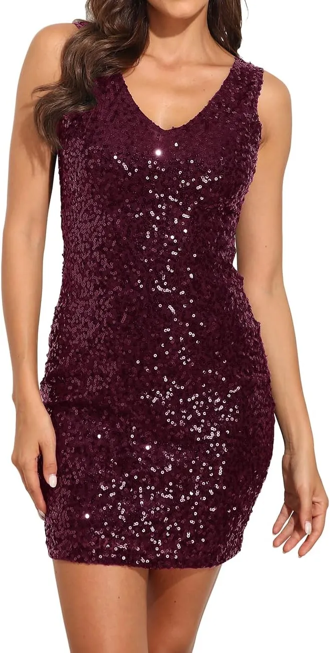 PrettyGuide Women's Sequin Cocktail Dress V Neck Bodycon Glitter Party Dress