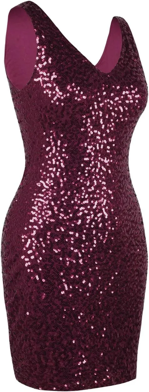 PrettyGuide Women's Sequin Cocktail Dress V Neck Bodycon Glitter Party Dress