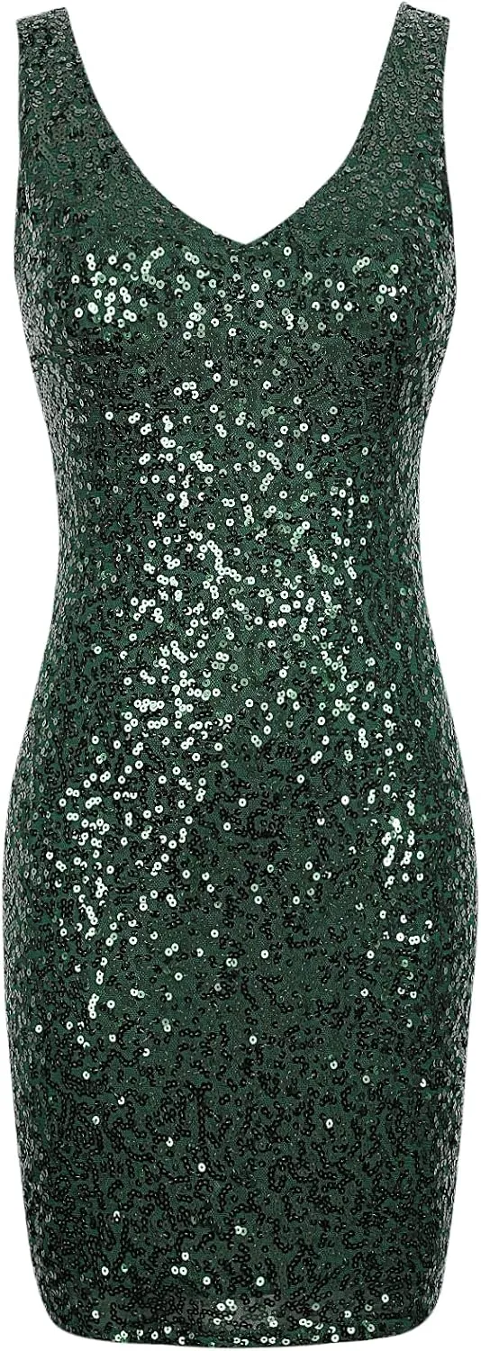 PrettyGuide Women's Sequin Cocktail Dress V Neck Bodycon Glitter Party Dress