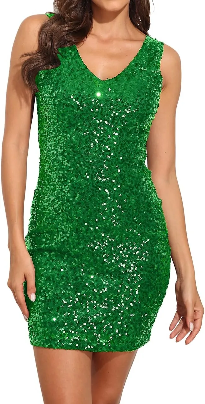 PrettyGuide Women's Sequin Cocktail Dress V Neck Bodycon Glitter Party Dress