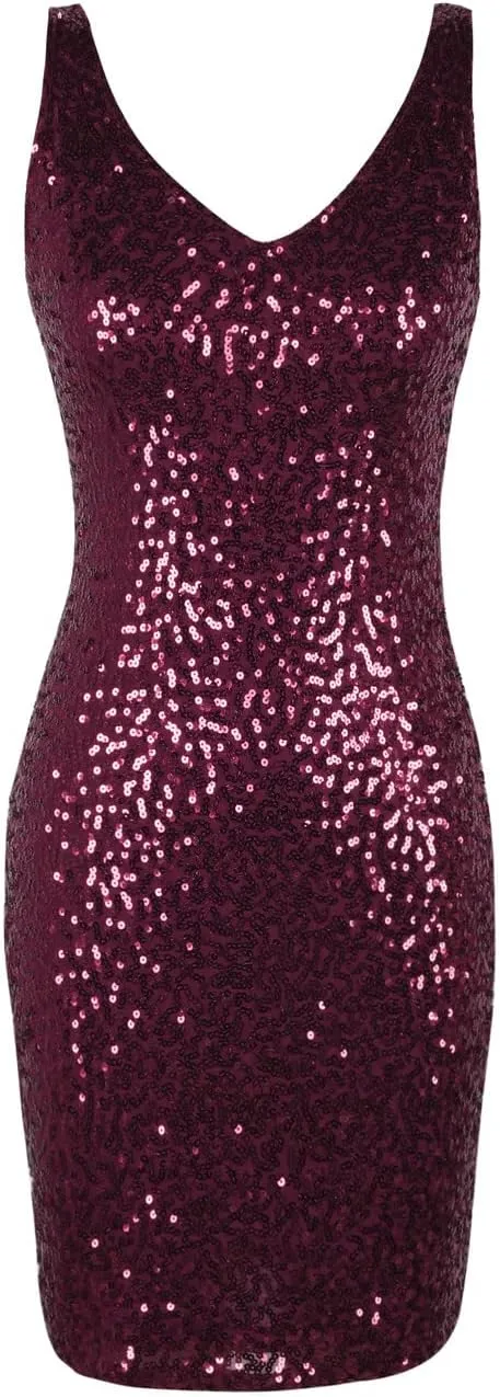 PrettyGuide Women's Sequin Cocktail Dress V Neck Bodycon Glitter Party Dress