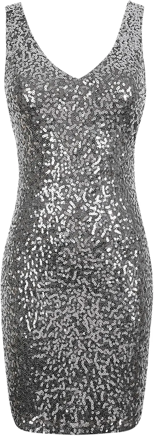 PrettyGuide Women's Sequin Cocktail Dress V Neck Bodycon Glitter Party Dress