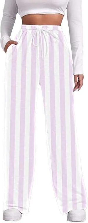 Printed Drawstring Baggy Trousers Elastic Waisted Pants Women High Waisted Color Block Straight Leg Pants with Pockets