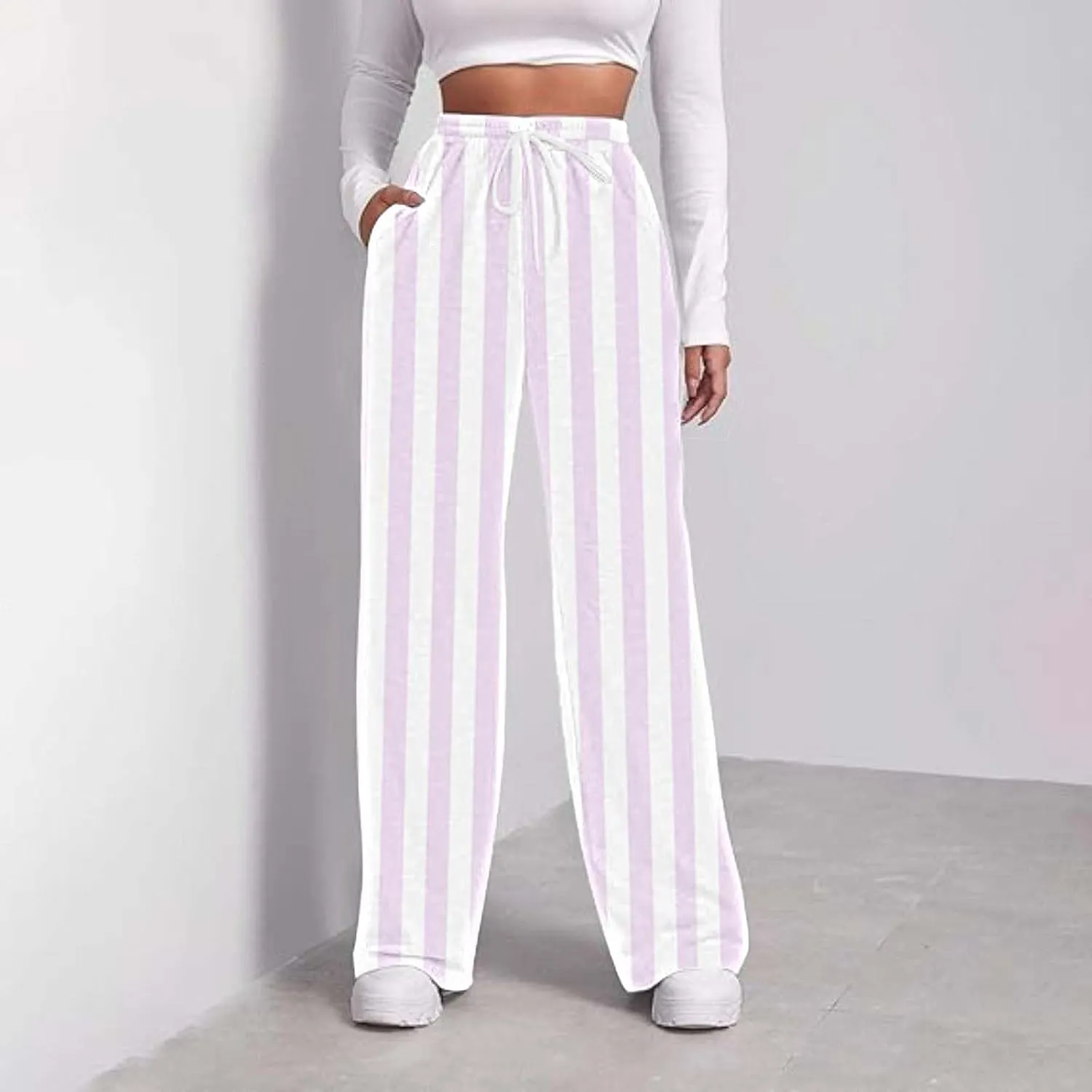 Printed Drawstring Baggy Trousers Elastic Waisted Pants Women High Waisted Color Block Straight Leg Pants with Pockets