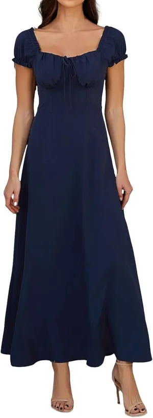 Pure Color Midi Corset Dress Boho Flowy Slit Lace Up Dresses for Women Going Out A Line Casual Sundress Bubble Sleeve