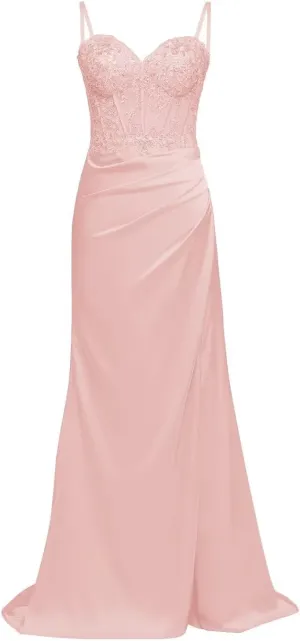 Satin Mermaid Corset Prom Dresses Long Lace Applique Bodycon Formal Evening Gown with Slit