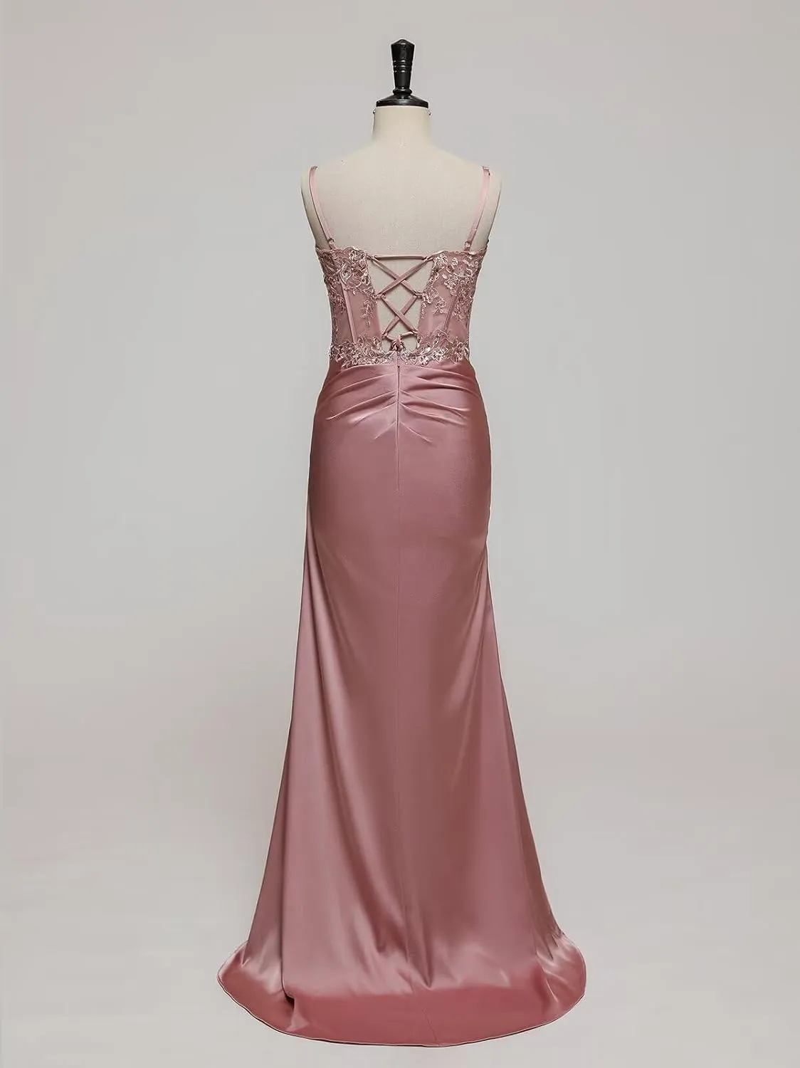 Satin Mermaid Corset Prom Dresses Long Lace Applique Bodycon Formal Evening Gown with Slit